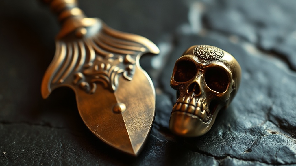 Bronze Tibetan ritual phurba dagger and skull cup kapala on dark stone surface with warm sidelighting