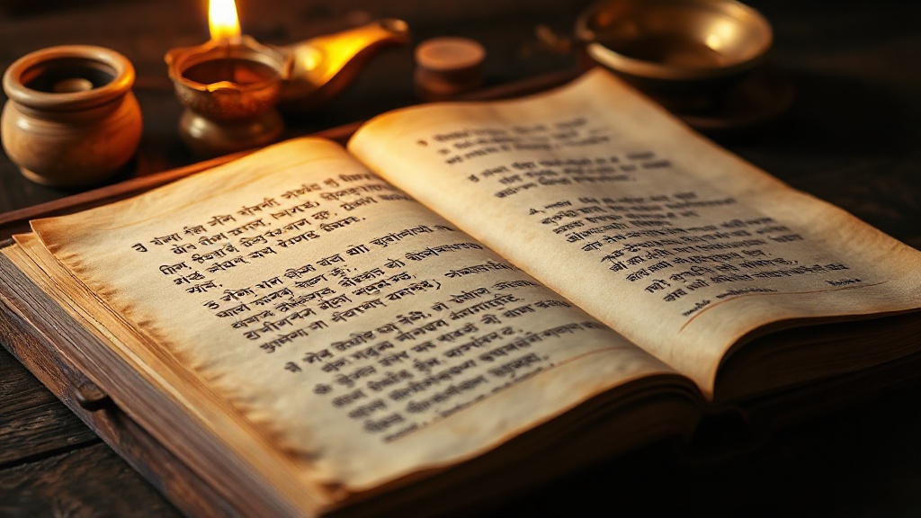 Ancient Tibetan Buddhist manuscript with handwritten script and brass butter lamp on wooden altar
