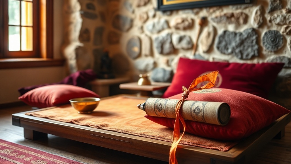 Tibetan Buddhist meditation room with cushions, small altar and rolled thangka scroll in warm natural light