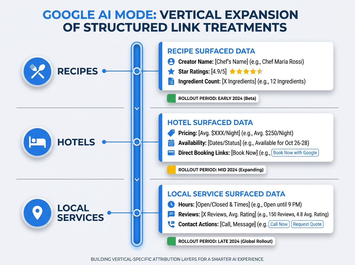 Vertical timeline of Google AI Mode link treatments across recipes, hotels, and local services