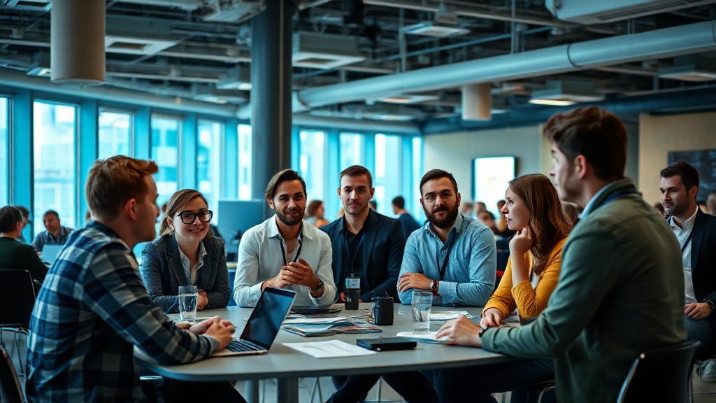 A diverse group of European startup founders collaborating at a tech conference.