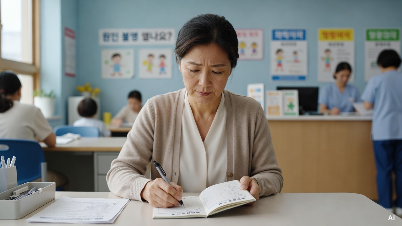 Korean mother writing in a vaccination record booklet at a pediatric clinic desk