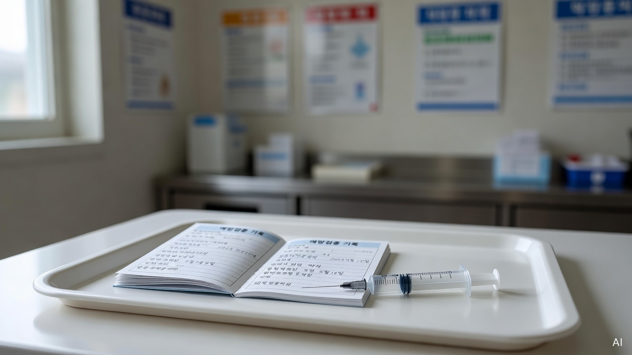 baby vaccination record booklet and syringe on a white medical tray
