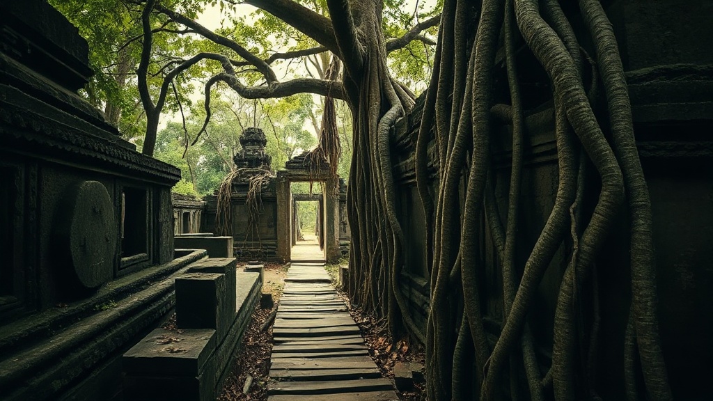 Galerie effondrée de Beng Mealea envahie par les racines de fromagers et la végétation tropicale