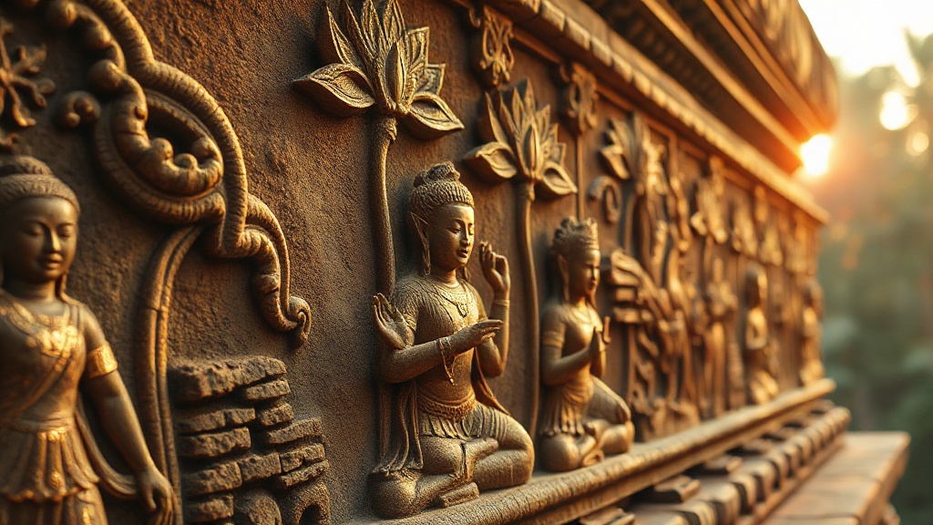 Bas-relief khmer de Beng Mealea représentant des apsaras et motifs floraux en grès sculpté