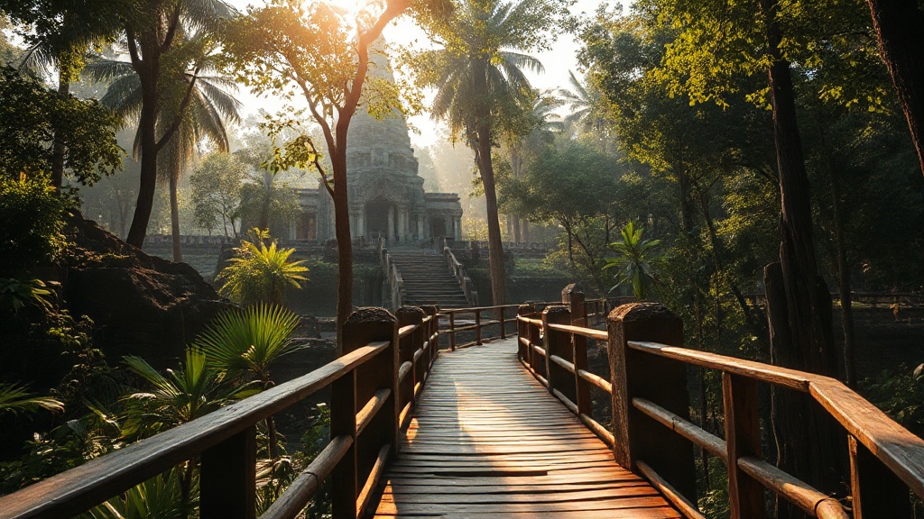 Passerelle en bois aménagée pour les visiteurs à travers les ruines de Beng Mealea