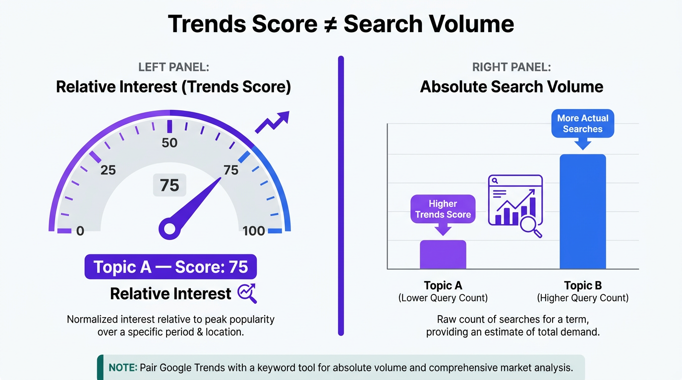 Infographic comparing Google Trends normalized interest score versus absolute search volume