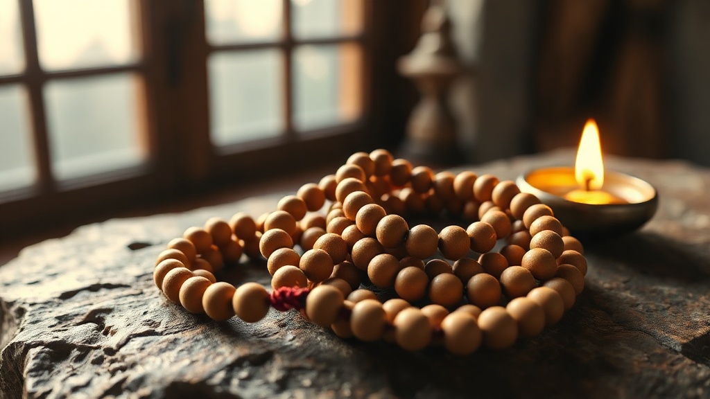 Mala tibétain en bois de santal posé sur une pierre, utilisé lors des rituels bouddhistes de récitation pour les défunts
