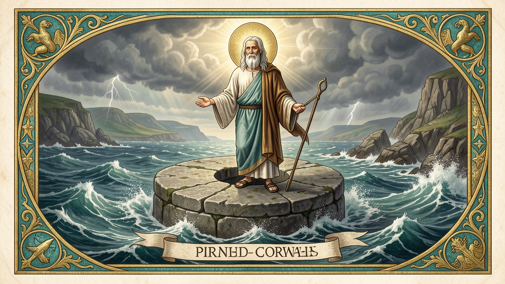 St. Piran floating on millstone arriving safely in Cornwall — miraculous deliverance