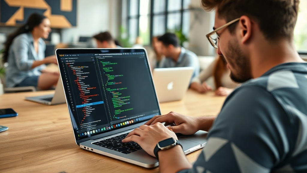 Developer typing code on a laptop, focusing on a React Native mobile app interface