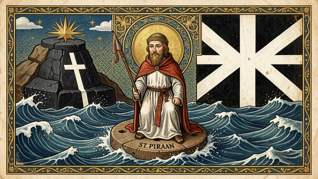 St. Piran illuminated: floating millstone deliverance and tin cross miracle, Celtic icon style for rosary.health