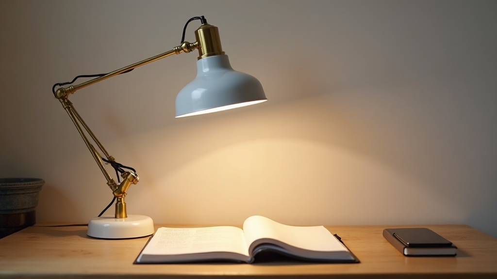Adjustable desk lamp illuminating a notebook on a home office desk