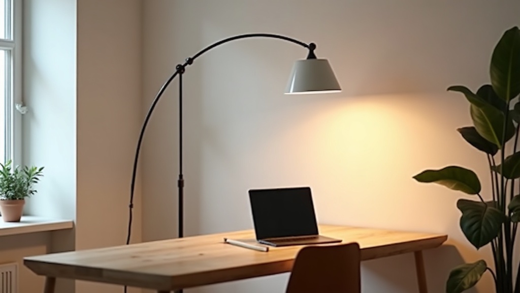 Floor lamp as primary ambient light in a home office without ceiling fixtures
