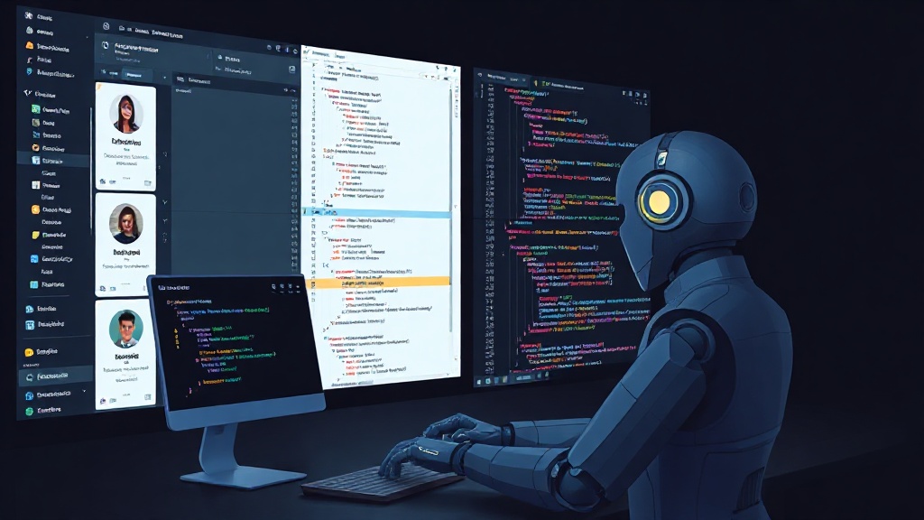 Concept art depicting an AI agent interacting with code and project management interfaces