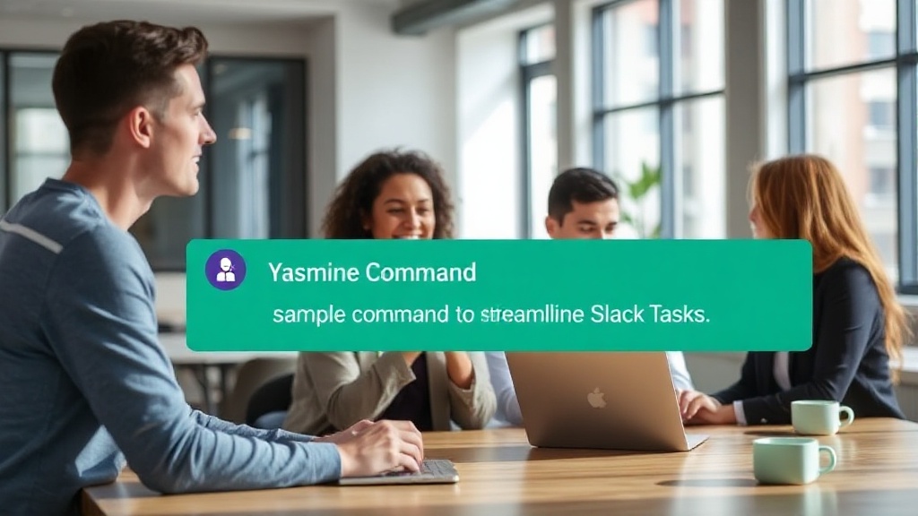 Yasmine Works Slack integration showing a sample command and AI response