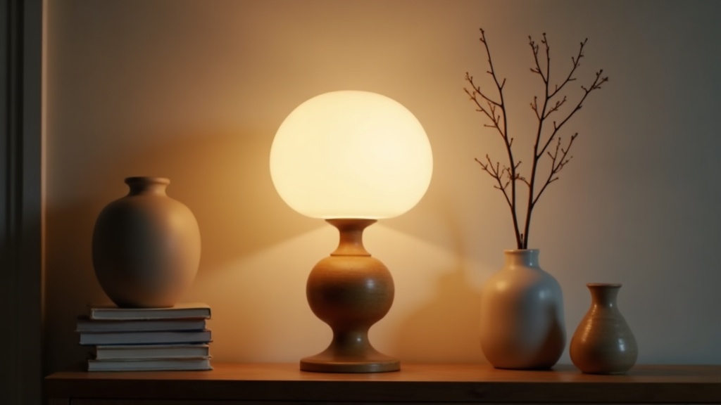 Frosted glass lampshade glowing warmly on a wooden base