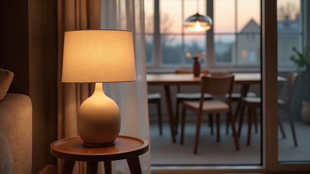 Ceramic table lamp and glass pendant in a Nordic living room