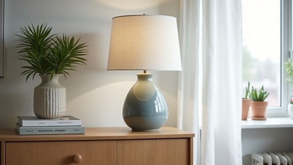 Danish ceramic lamp base with blue-grey glaze on an oak sideboard
