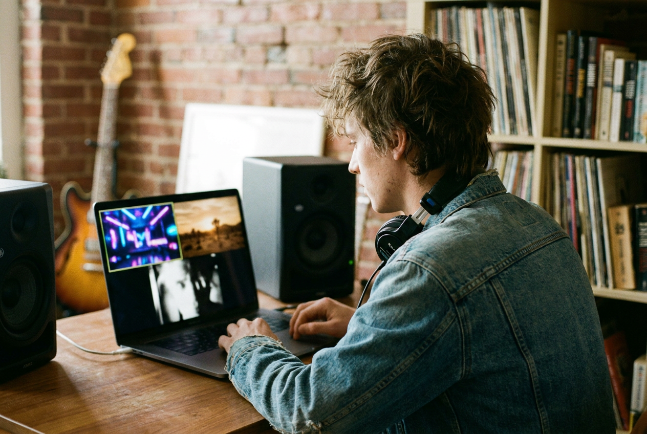 alt text: A musician reviewing AI-generated music video scenes on a laptop
