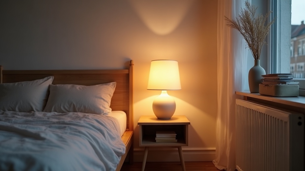 Warm bedroom lighting with bedside lamp casting soft amber glow