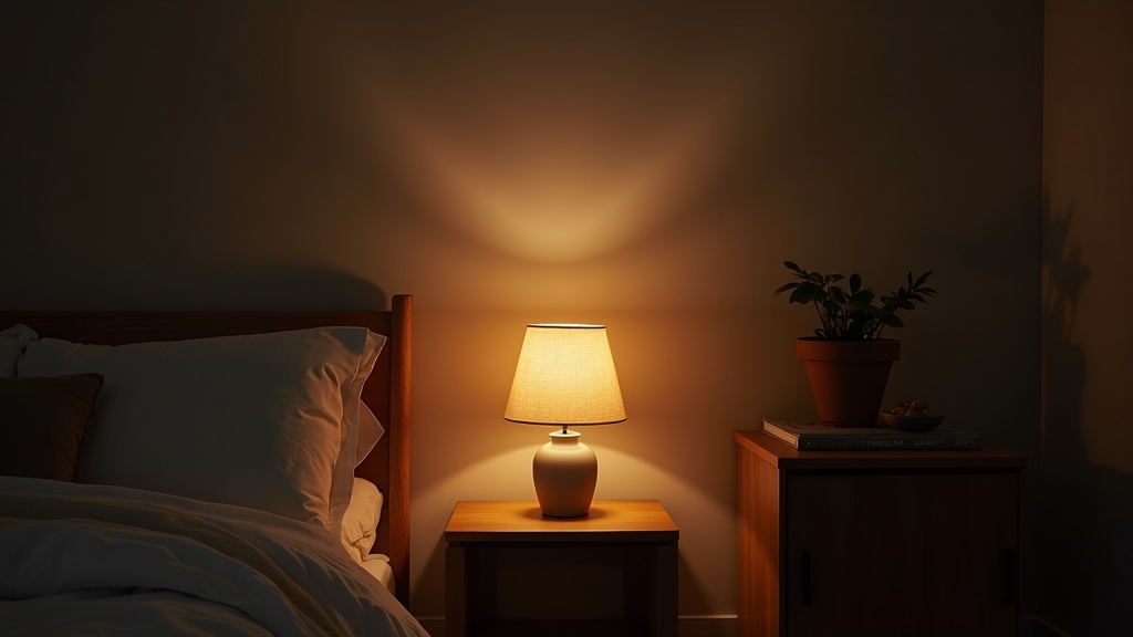 Three layers of bedroom lighting: ambient ceiling, task bedside lamp, and accent shelf light