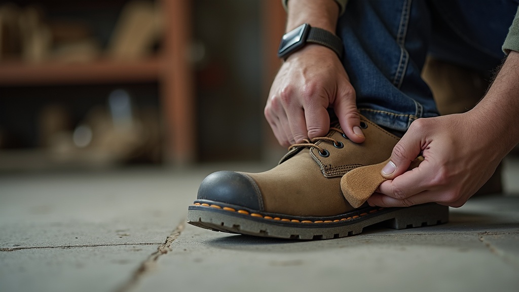 Worker fitting a new insole into a steel toe safety boot on a concrete warehouse floor