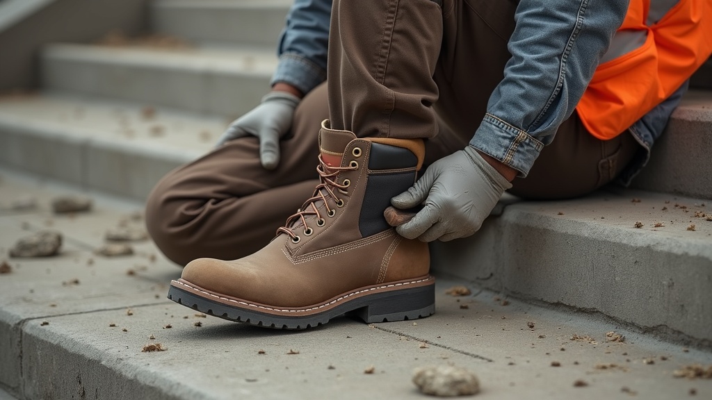 Worker adjusting insole inside steel toe boot on a construction site