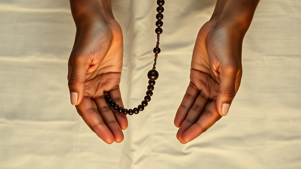 Mala tibétain en bois de santal tenu dans deux mains, outil de pratique bouddhiste