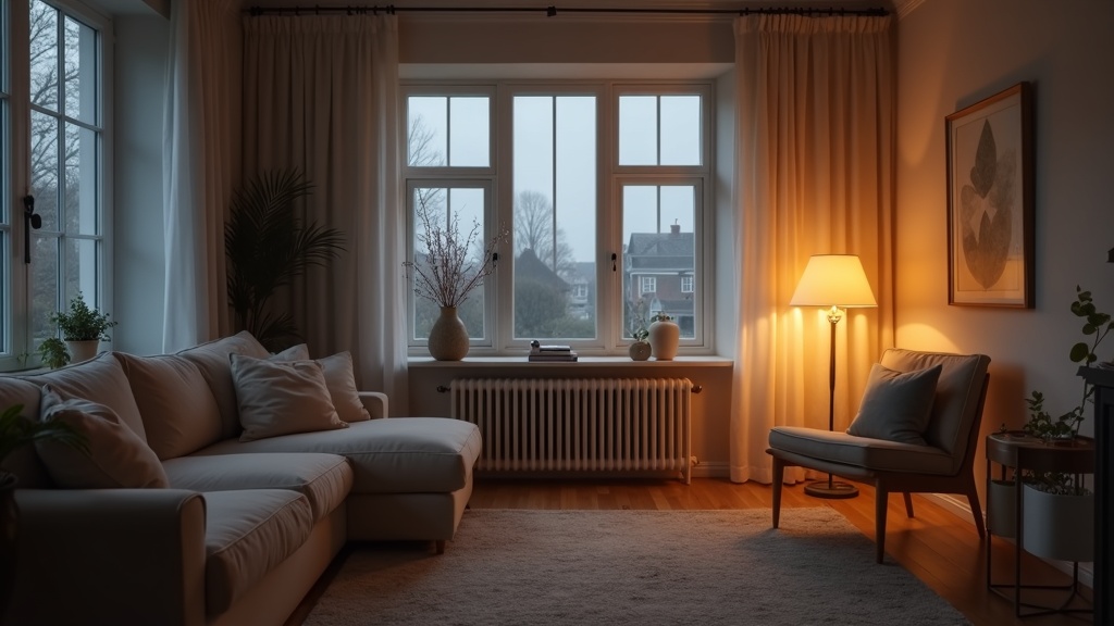 Ambient and task lighting layered in a warm Scandinavian living room