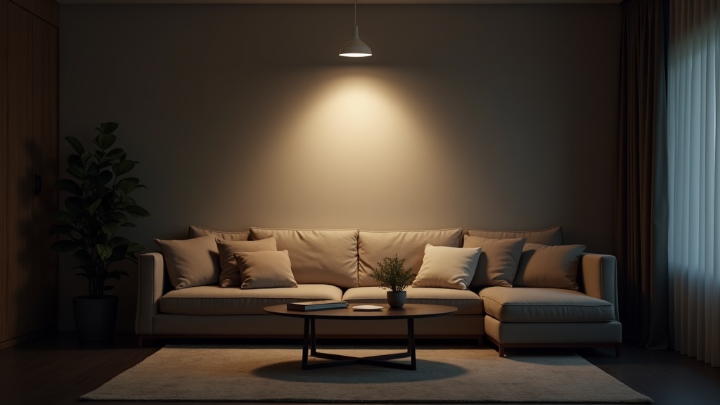 Single overhead light creating flat, uneven illumination in a living room