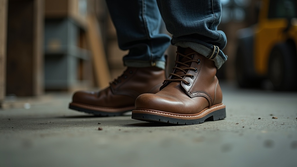 Work boots on concrete warehouse floor showing impact point