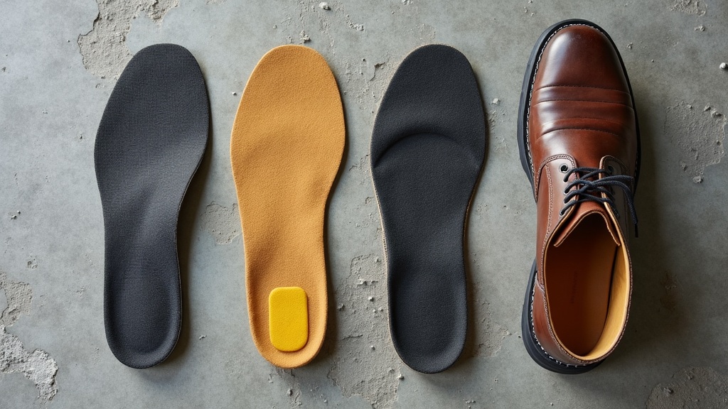 Several thick insole options for work boots laid out for comparison