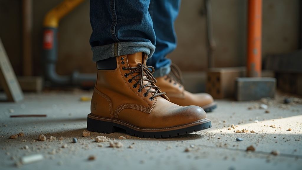 Construction worker removing work boot on concrete during break