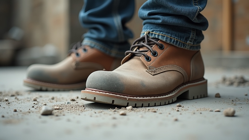 Construction worker feet on concrete jobsite floor