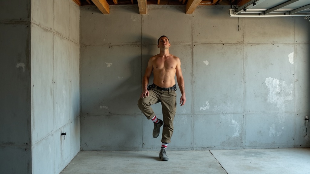 Construction worker doing calf stretch against wall
