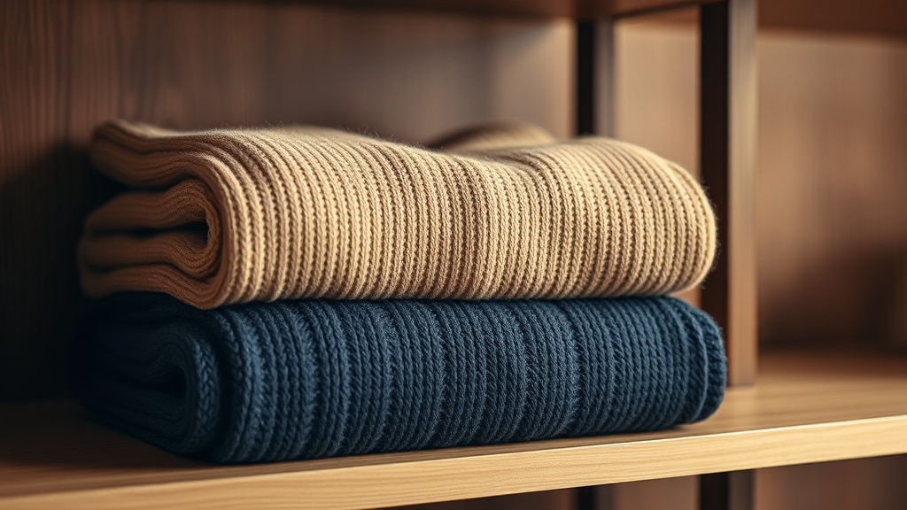 Two folded luxury sweaters stacked on a wooden shelf, camel alpaca and navy cashmere, warm editorial light