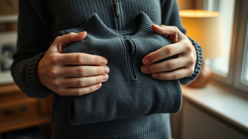 Hands holding a folded charcoal cashmere half-zip sweater, soft warm light