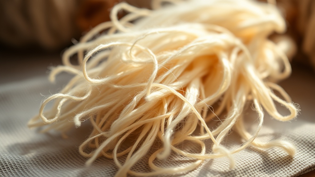 Close-up of raw alpaca fiber strands on a neutral linen surface, cream and ivory tones