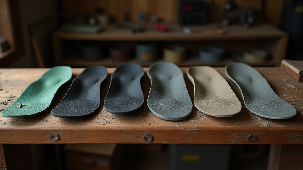 Six work insoles compared side by side on a carpenter's workbench