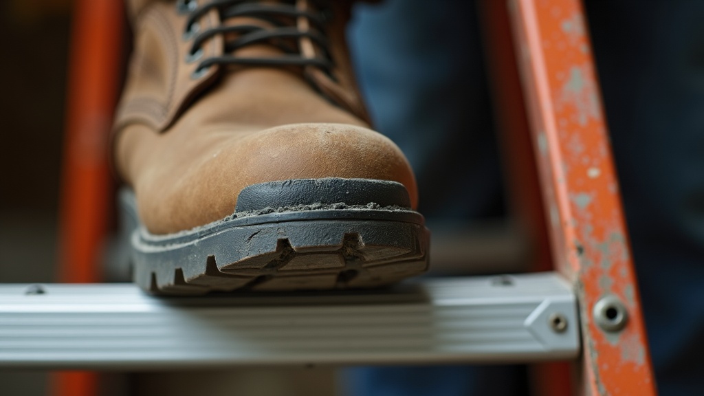 Boot arch pressing on aluminum ladder rung showing pressure point