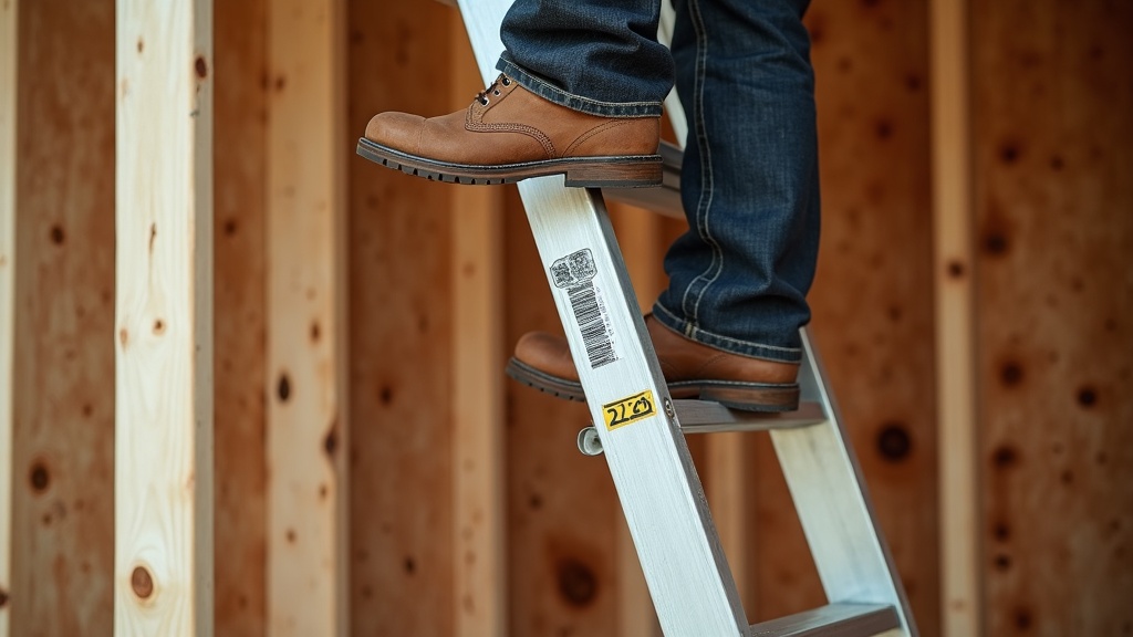 Carpenter standing on ladder rungs wearing steel toe work boots
