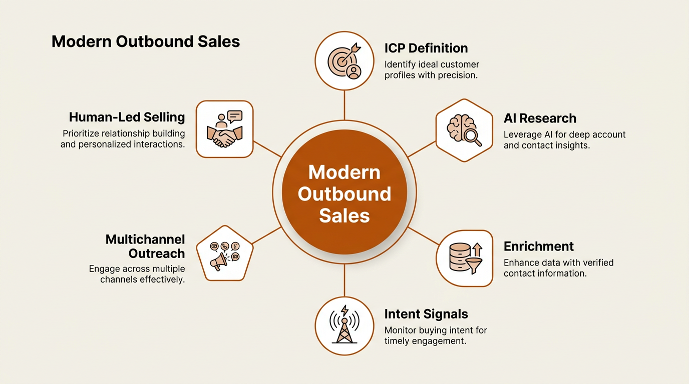 Modern outbound sales mindmap infographic showing six key components
