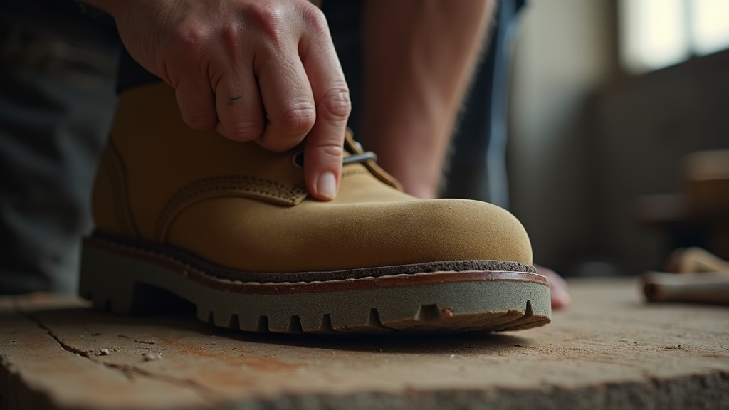 Testing midsole integrity of a worn work boot by pressing with thumb
