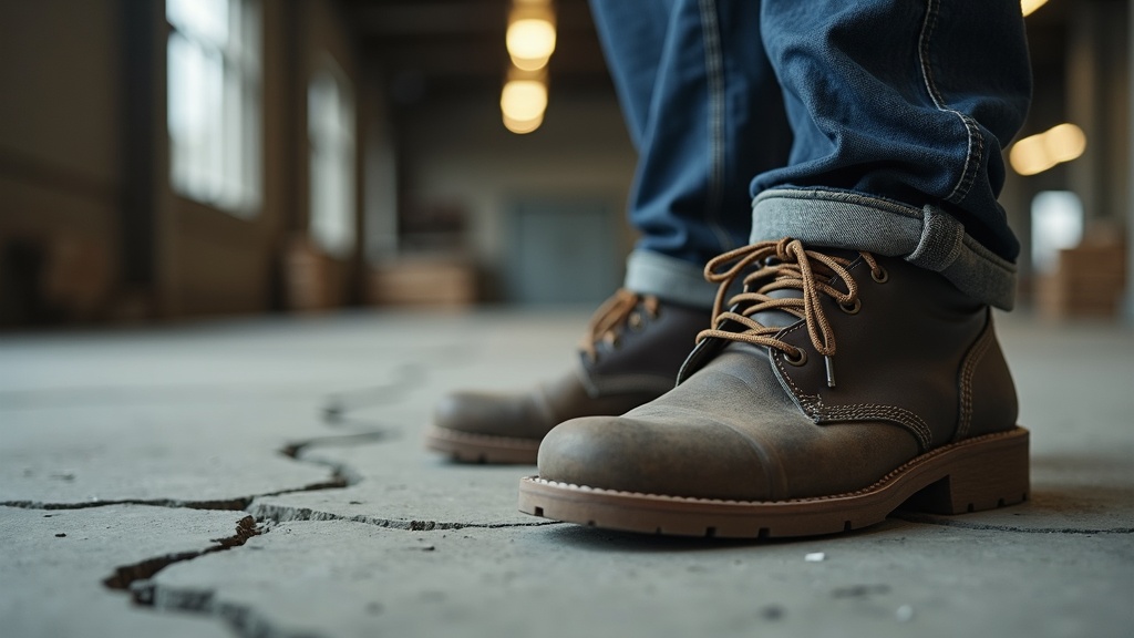 Work boots on concrete floor with insoles visible