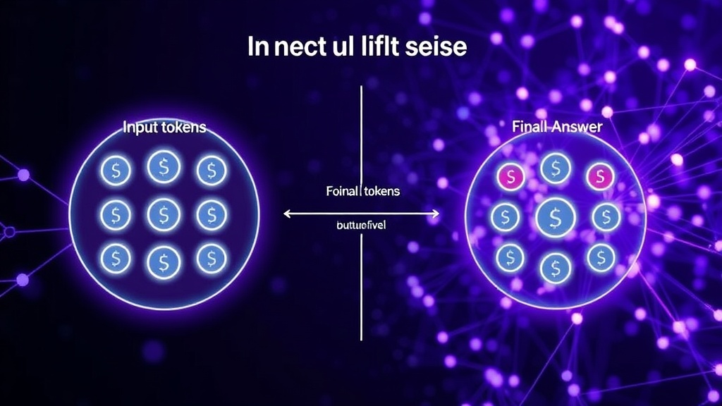 Diagram illustrating AI token billing, showing input tokens and output tokens with a breakdown of internal processing vs. final answer.