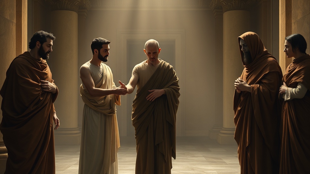 A symbolic scene of compassion and human dignity in a near-future society