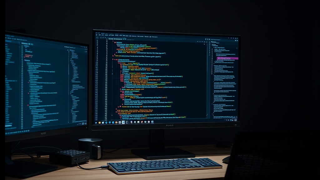 Developer's desk with AI coding assistant interface on screen