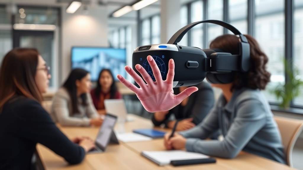 Meta Quest VR headset displaying hand-tracking interface
