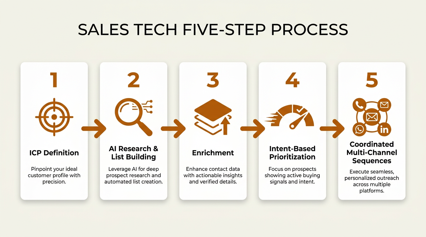 Five-step multi-channel outbound program build infographic with icons