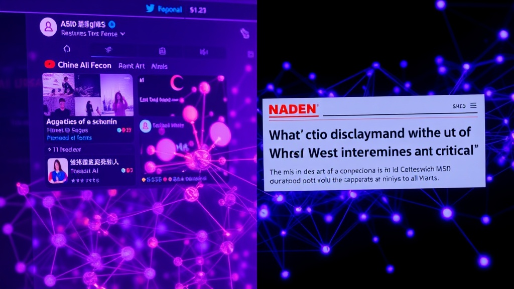 A split image showing a busy Chinese social media feed with AI art and a Western news headline about AI job displacement